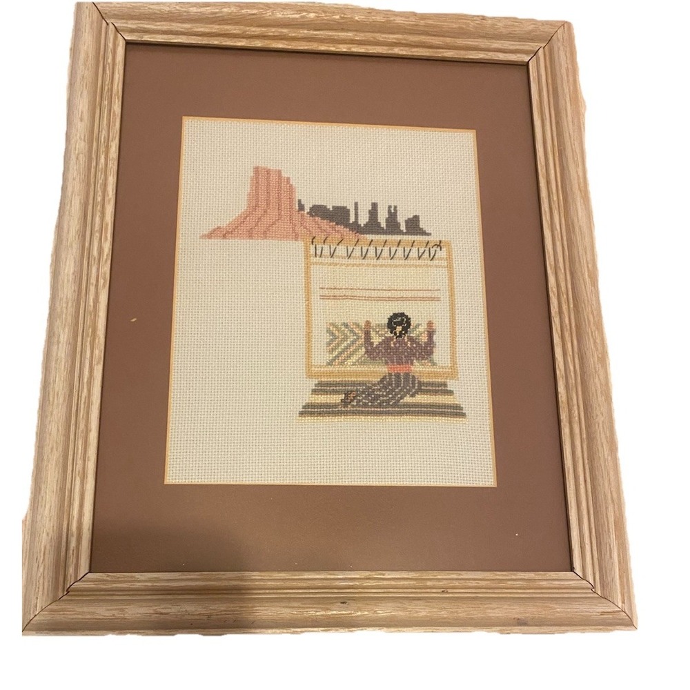 Finish. Needlepoint Southwest Woman Loom Weaving Red Rock Frame. Unsigned Framed